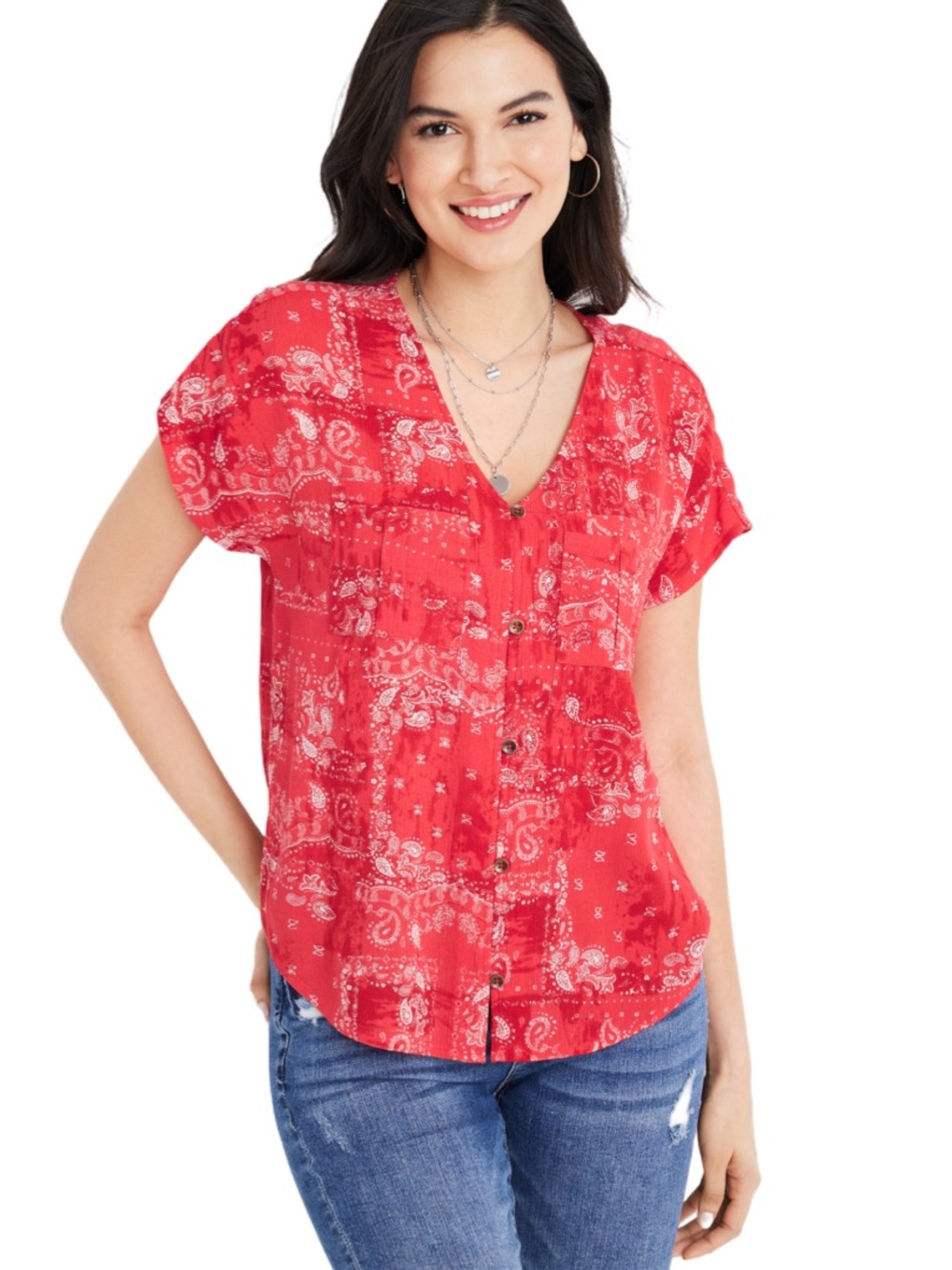 Maurices Red Paisley Patchwork Button-Front Blouse Top Medium Boho Western EUC